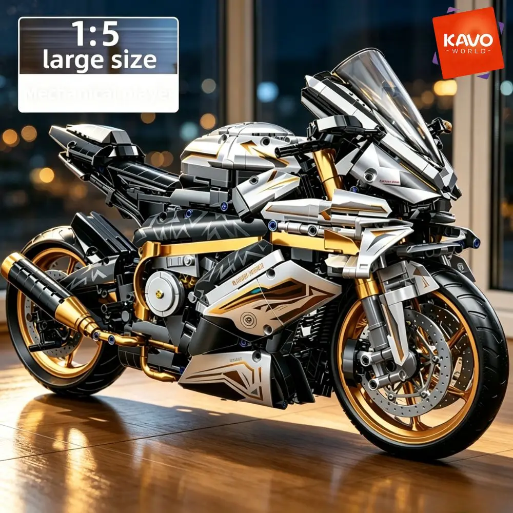 KAVOWORLD 1:5 Large Scale Sport Motorcycle Building Bricks Set 2078pcs DIY Motorbike Construction Model Kit Movable Steering Front Rear Suspension Simulation Chain Drive Home Decor Christmas Birthday Holiday Gift for Teens Mechanical Bedroom Ornaments