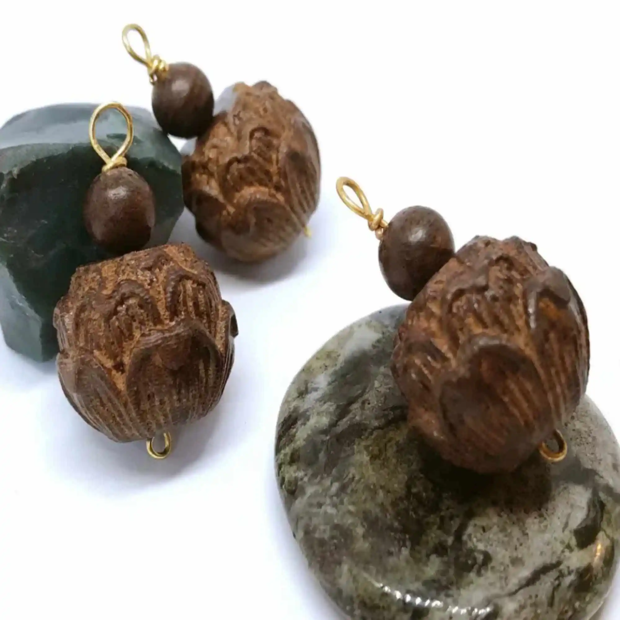 3pcs Natural brown round Lakshmi Wooden Lotus Yoga beads Pendant Calming Taseel Chakra Buddhism Restore Diy Pray