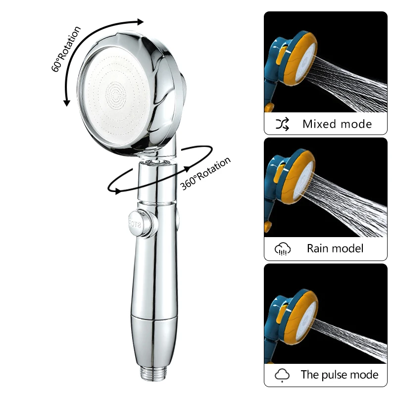 Water Saving Shower Head Flow Pressurized 3 Modes With One Key Stop ABS Rain High Pressure spray Nozzle Bathroom Accessories