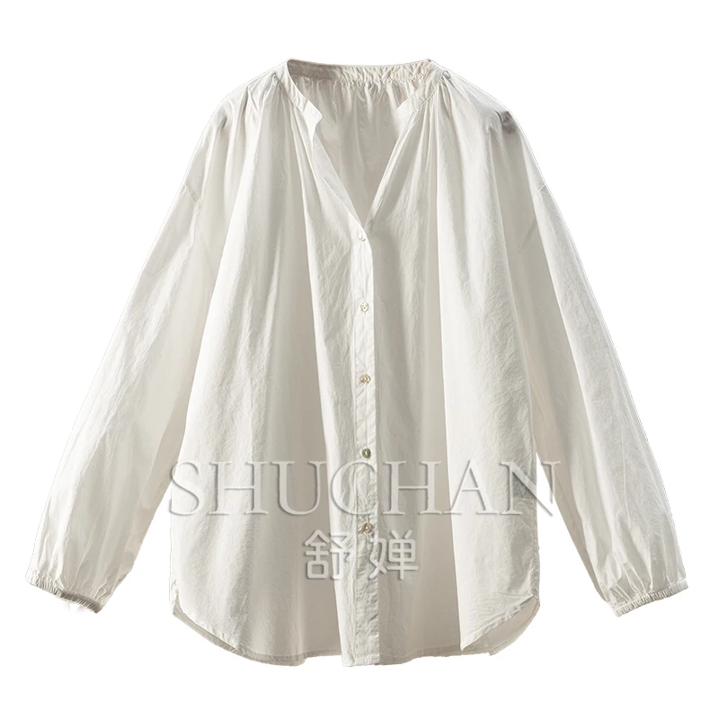 

Retro Simple Loose 100% Cotton Small V-Neck Shirt Women's 00B9 Blusas Mujer De Moda 20225 Blouse Women
