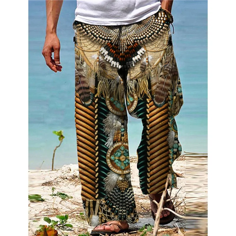 กางเกงฤดูร้อนของผู้ชาย, กางเกงชายหาดหลวม, การออกแบบเชือกผูกยืดหยุ่น, การพิมพ์ 3 มิติแบบนามธรรม, วันหยุดสบาย ๆ, กางเกงถนนที่ทันสมัย