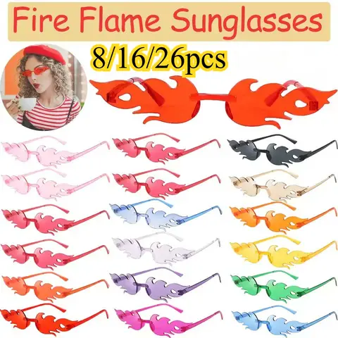 8/16pcs Fire Flame Shape Sunglasses, Rimless Party Novelty Glasses, Cosplay Photo Props for Halloween & Festival Decor