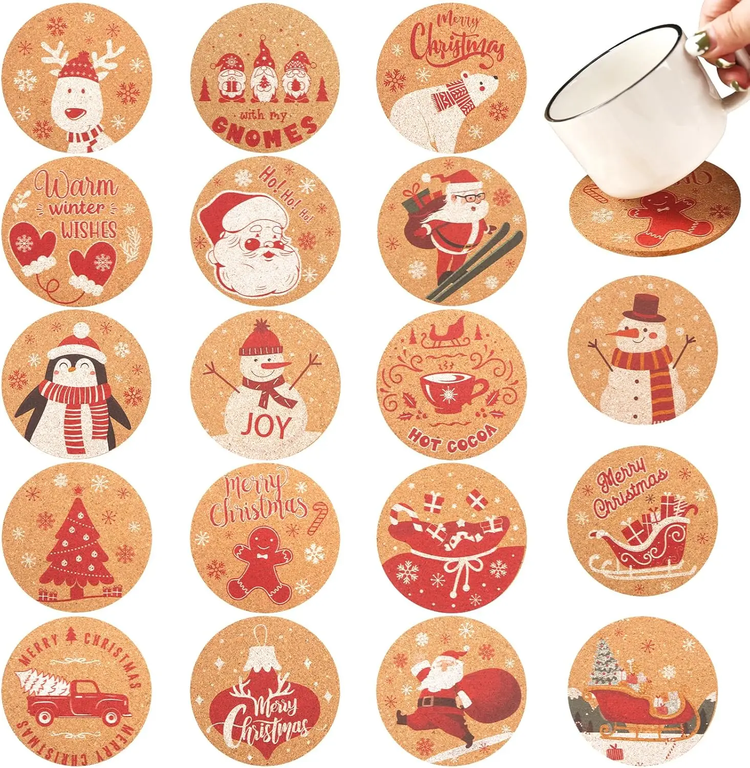 

18PCS Christmas Coasters For Drinks, Christmas Cork Coasters 4Inch Cork Cup Mat Wooden Coasters For Xmas Party Home Kitc