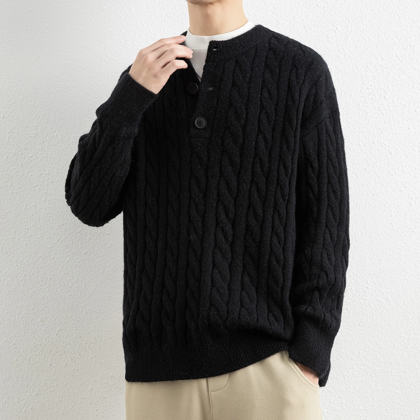 

Мужской утепленный вязаный свитер с воротником «Генри», зимний теплый топ на пуговицах, повседневный свободный крой, длинный рукав, трикотаж для ежедневной носки