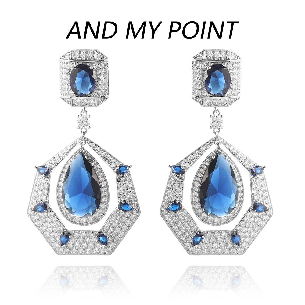 Oversized Water Drop Top Luxury Big Earrings for Women Elegant Temperament Shiny Blue AAA Cubic Zirconia Banquet Accessories