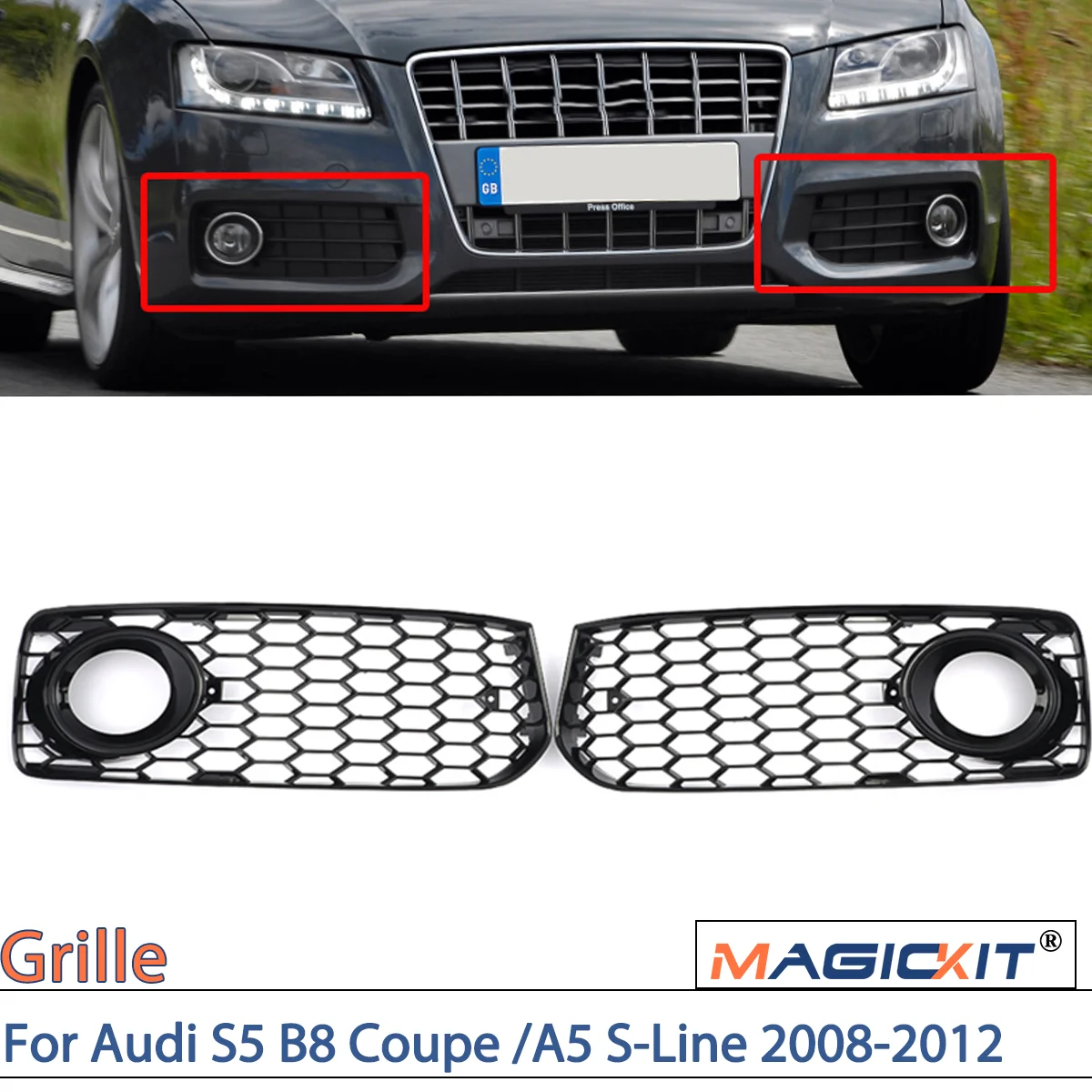 

MAGICKIT RS5 Style Honeycomb 1 Pair of Fog Light Grille Cover For Audi S5 B8 Coupe /A5 S-Line 2008-2012 car accessoires Black