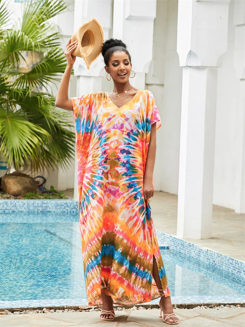 Multicolored Kaftan Bohemian Printed Bikini Cover Up V-neck Batwing Short Sleeve Maxi Dress Women Beachwear Beach Dress Robe
