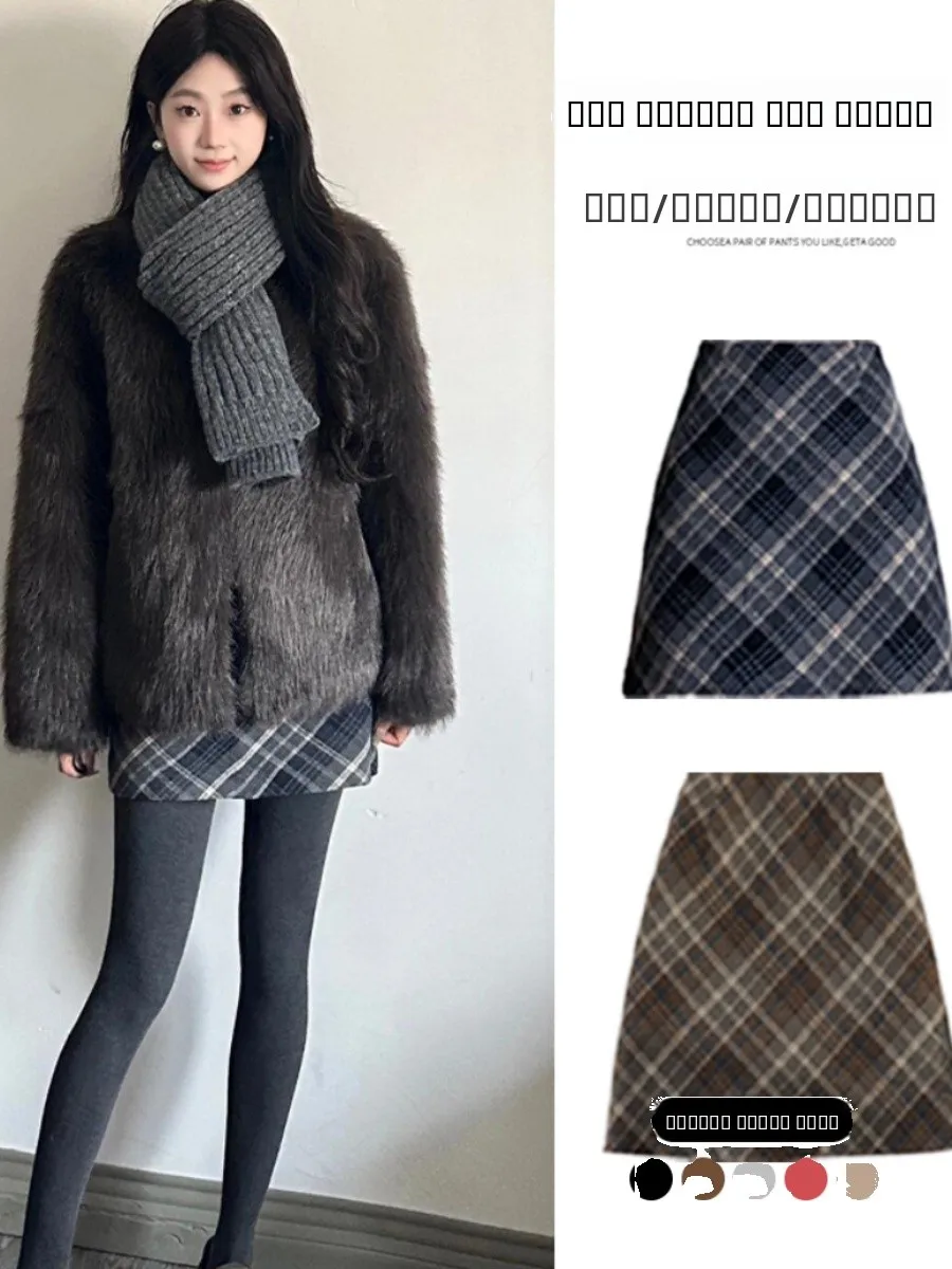 

ay Plaid Woolen Skirt Women's Autumn Winter plus Size Flattering ort Skirt High Waist A-Line Bodycon Skirt