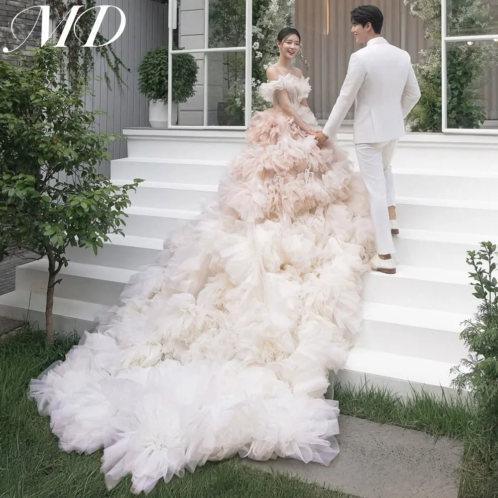 MD Gradient New A-line Off Shoulder Evening Dress Tulle Pleat Korea Photoshoot Sweep Train Evening Gown Corset Customised 웨딩드