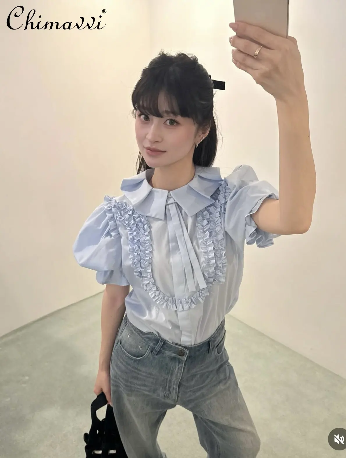 

Japanese Sweet Girls Blue Short-sleeved Shirt Summer 2026 New Fashion Bubble Sleeve Ruffled Collar Casual Blouses Ladies Tops