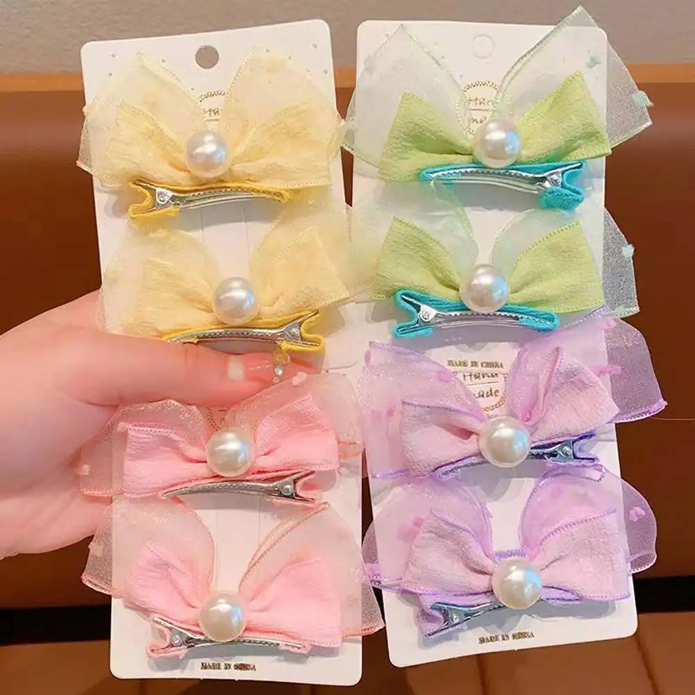 

2pcs/set New Dopamine Mesh Pearl Bow Children's Hair Clip Cute Girl Ball Head Duck Mouth Hairpin Side Clip Princess Hair Clip