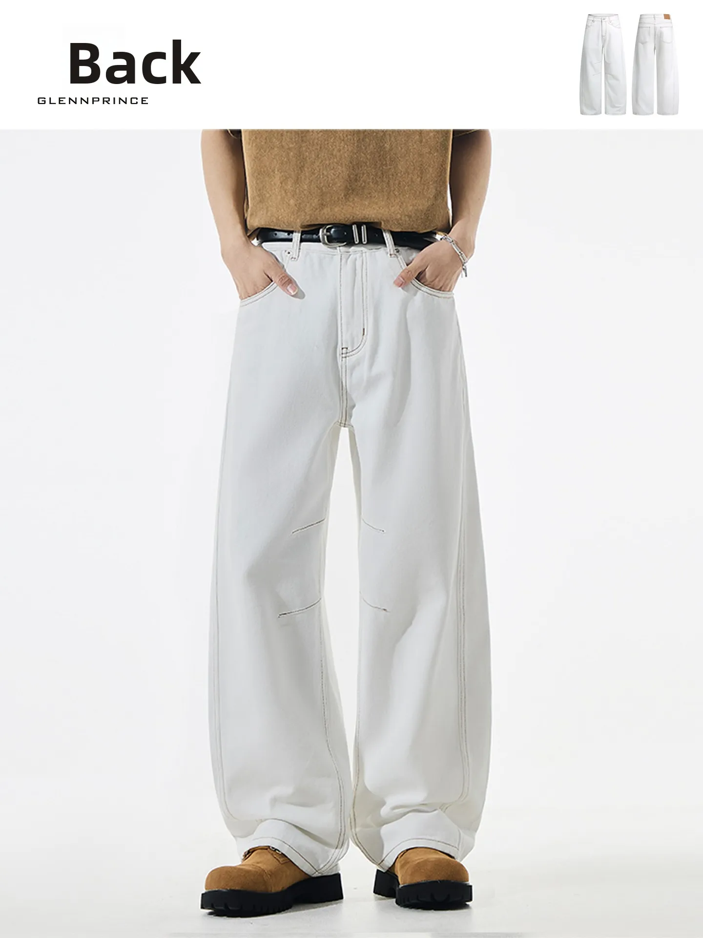 

American Style Straight Leg Jeans Men's Bicolor Contrast Knife Denim Pants High Waist Classic Wash Cotton Pure Color