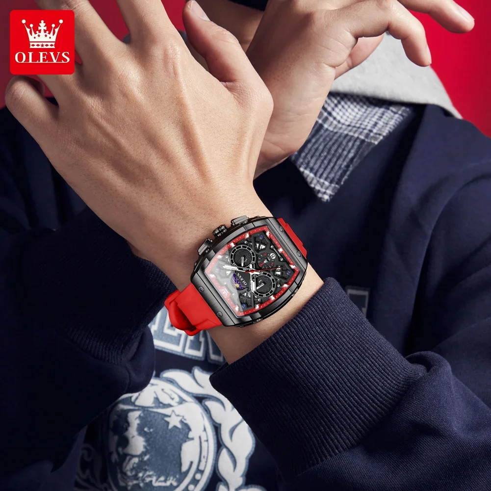 OLEVS 2942 ساعة رجالية بحزام سيليكون تونيو تصميم قرص متعدد الوظائف ساعة كوارتز للرجال مرحلة القمر التقويم ساعة كرونوغراف
