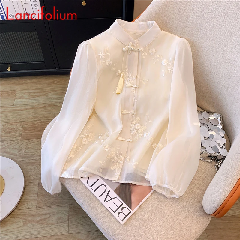 New Chinese Disc Buckle Elegant Chiffon Blouse Female Summer Fall 2024 Chic Tassel Embroidery Long-sleeved Horse Skirt Match Top