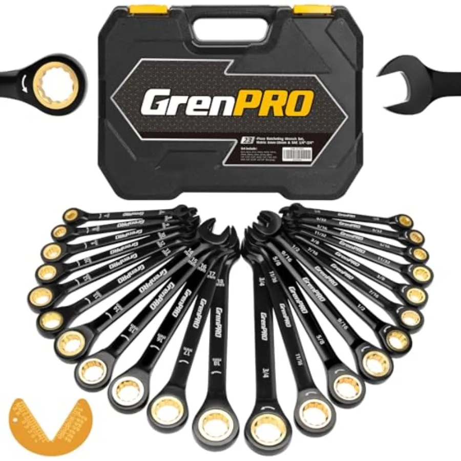 

Набор комбинированных ключей GRENPRO с трещоткой, 23 предмета, SAE/метрические, с органайзером, от 1/4 до 3/4 дюйма, 6-18 мм, электролитическое покрытие