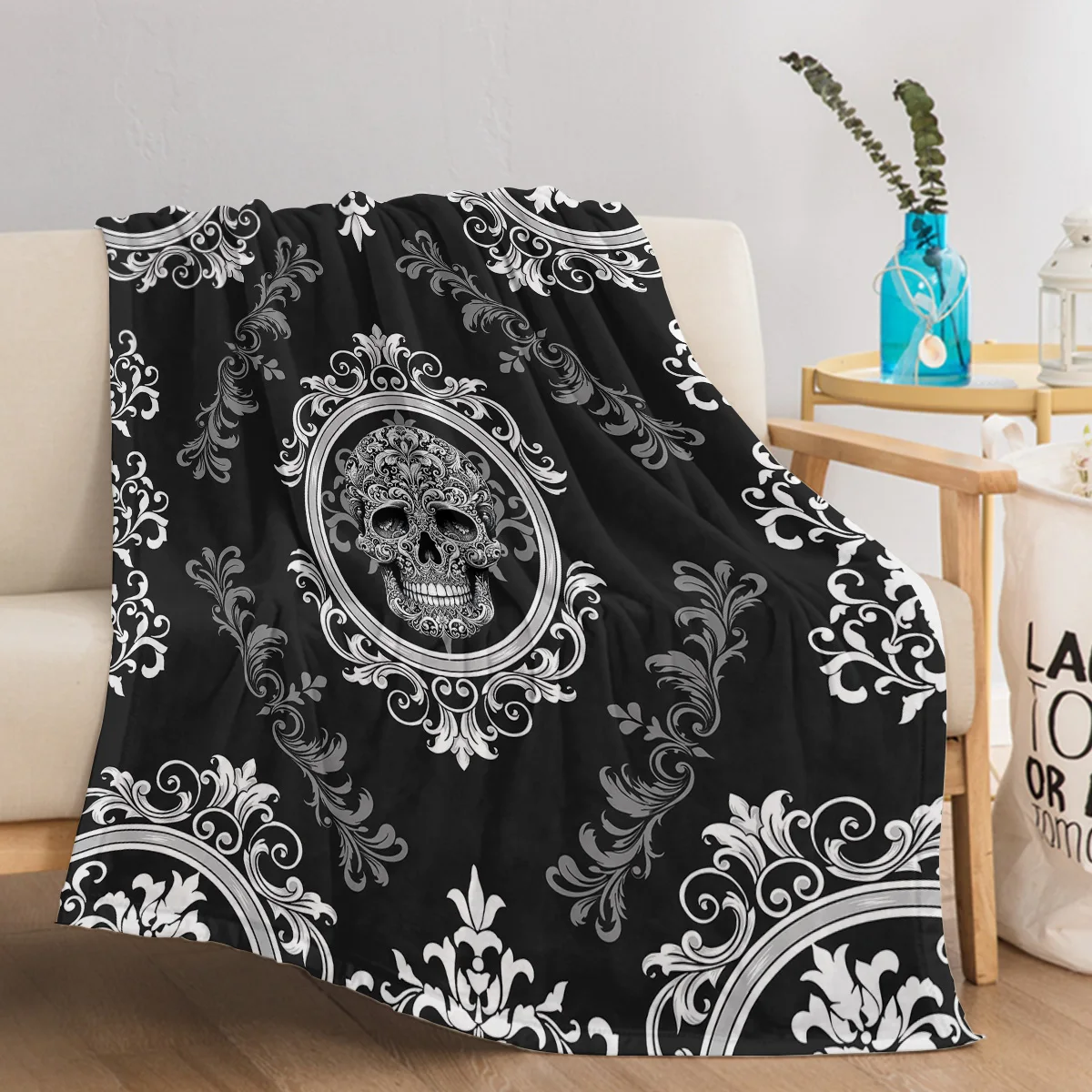 Tattooed Flower Skull Blanket Black Skeleton Printed Soft Flannel Blanket Warm Cozy Blanket for Teens Adults kids