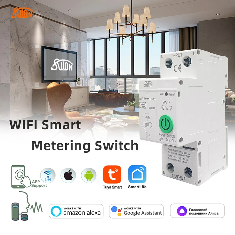 

2P WIFI Smart Switch smartlife 63A Energy Meter Kwh Metering Monitoring Circuit Breaker Timer Relay MCB TUYA