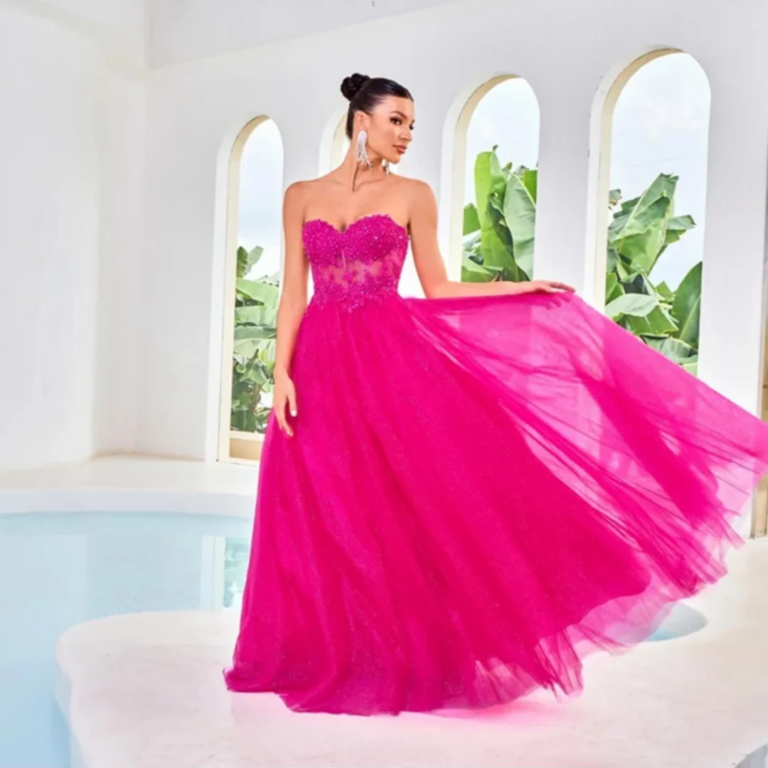 Jessica Hot Pink Prom Dresses Strapless Glitter Tulle Evening Dresses Wedding Formal Occasions Party Dress robes de soirée