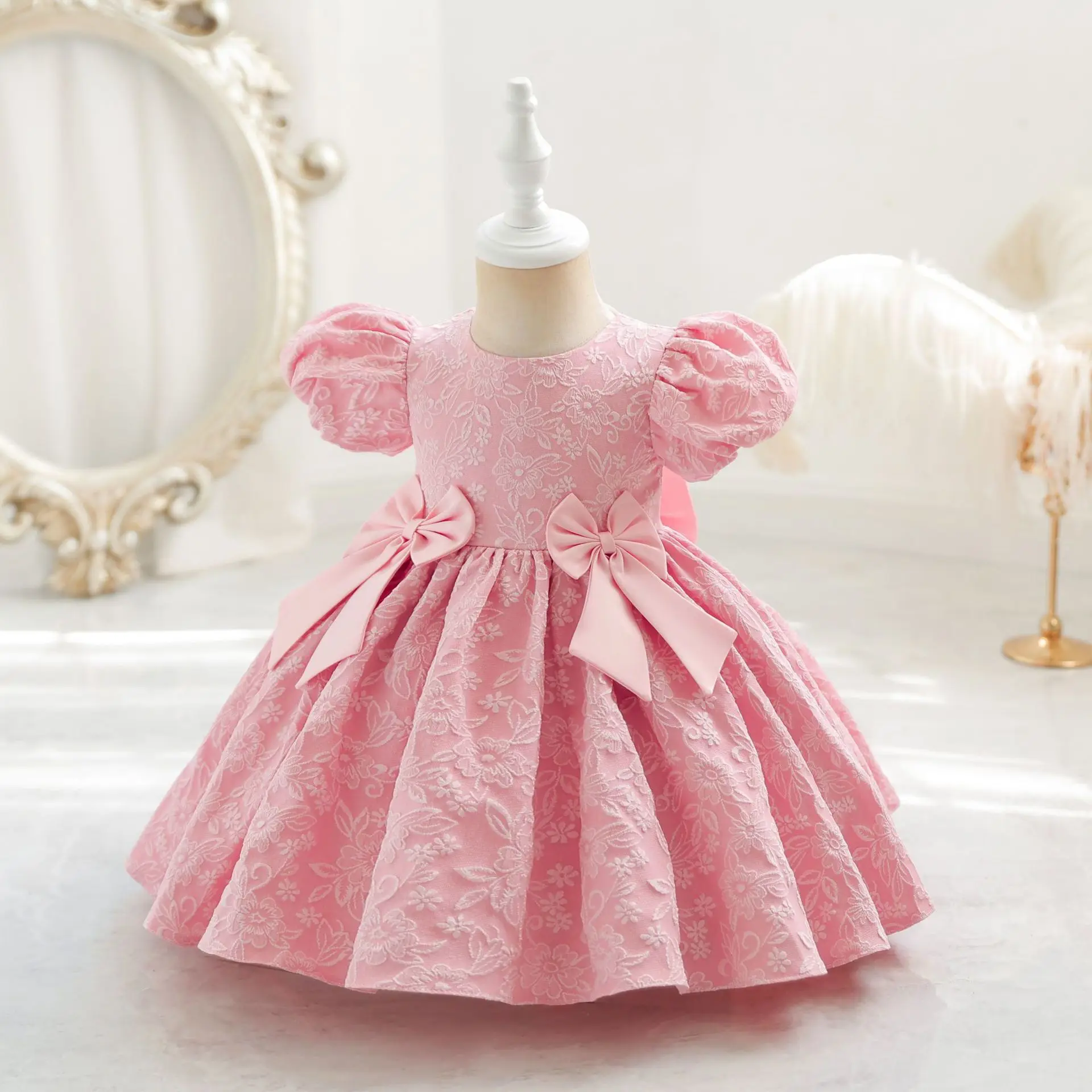 Baby Dress for 1 Year Birthday Children Flower Puff Sleeve Cotton Lining Girl Weddings Dresses Kid's Party Festival Clothes 6-7Y