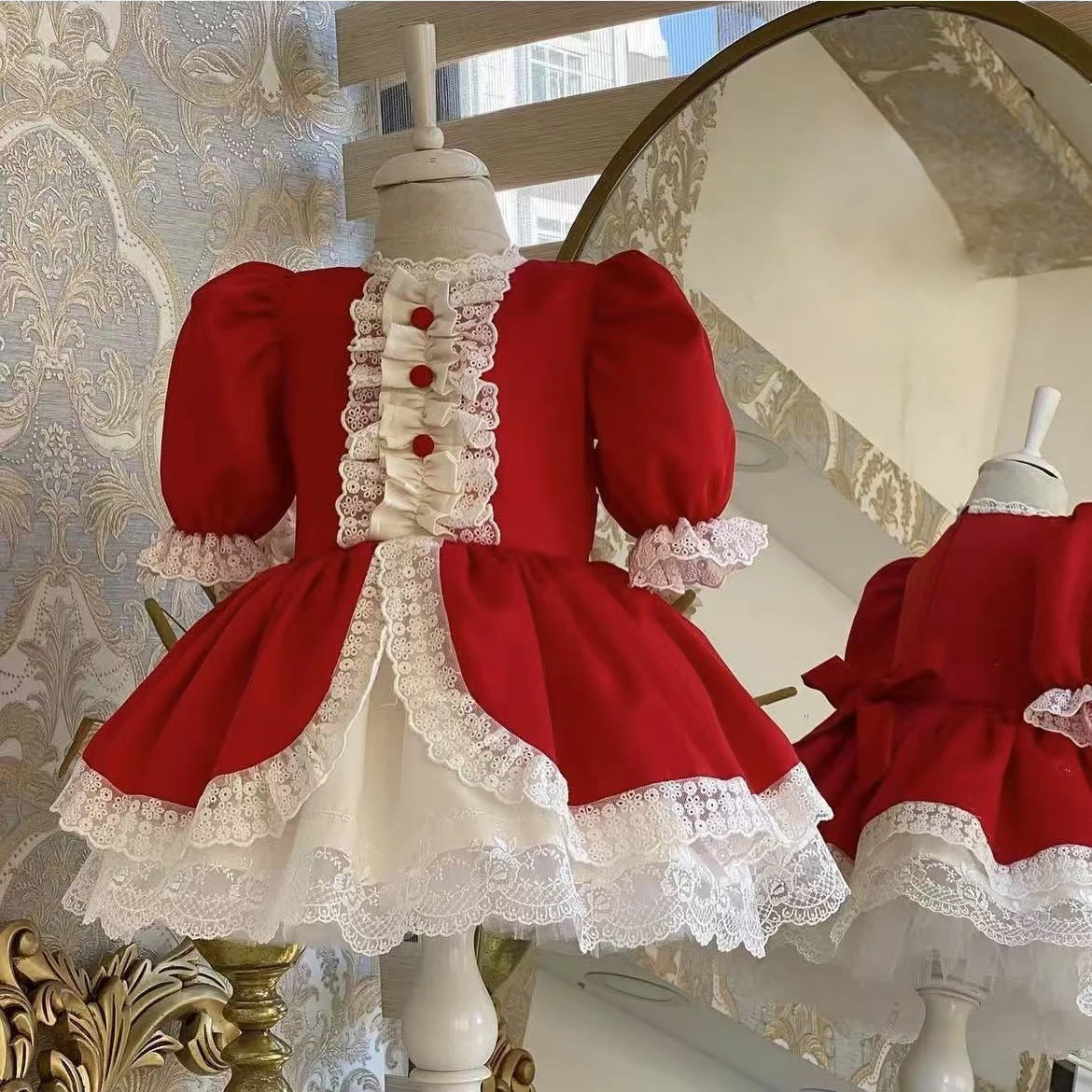 0-12Y Baby Girl Autumn Red Vintage Ball Gown Princess Dress for Casual Party Birthday Eid Photography Christmas  C154