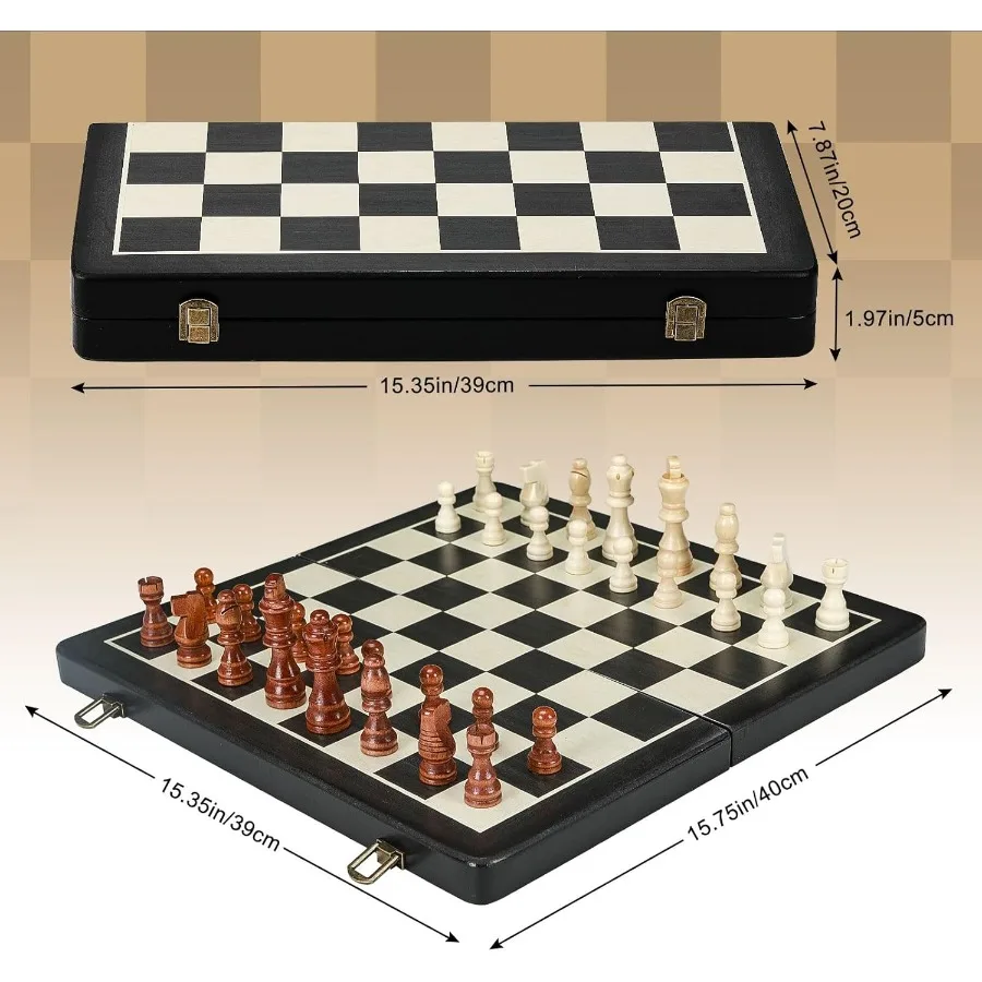16 مجموعة شطرنج خشبية 2 في 1 مجموعة لعبة الداما الشطرنج المغناطيسية القابلة للطي مع ألعاب لوحة الشطرنج المحمولة للسفر هدية للبالغين I