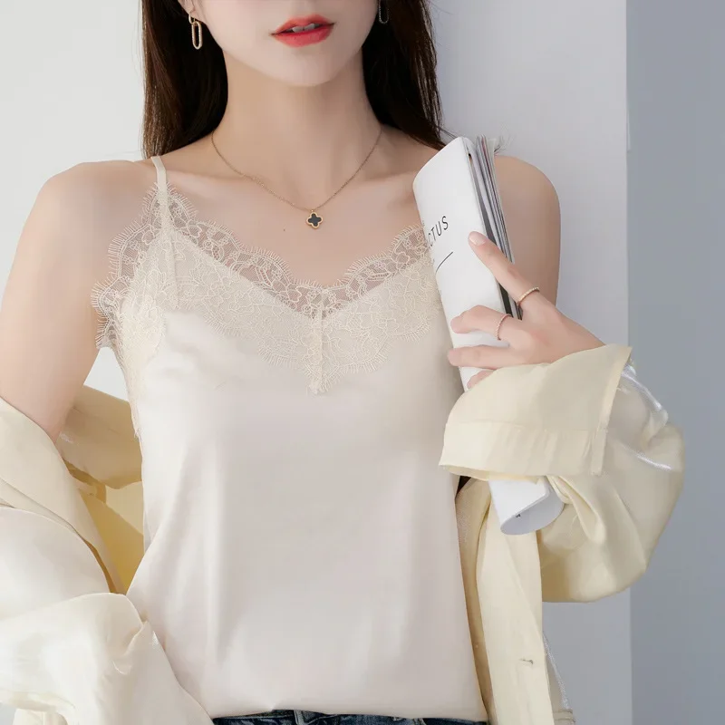 Summer Lace Silk Top Cami Spaghetti Strap Top Tank Ladies Tops White Camisole Basic Tops for Women