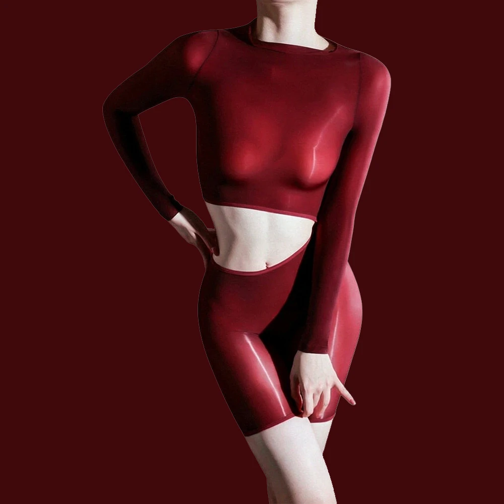 Women 5D Thin Bodysuit 912 Pin Oil Shiny Playsuit Elastic Sheer See Through Tight Yoga Shaping One Pieces Thong Maid Leotard