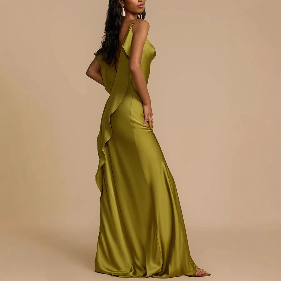 Summer Casual Dresses Elegant Ladies Green Sexy Deep Backless Women Slim Party Dress Sleeveless Vintage Solid Maxi Dress Vestido