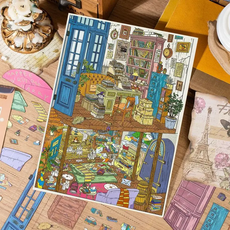 4Pcs Aesthetic Vintage Diorama Sticker Sheet, Antique Study Room Bookshelf Pattern Stickers for Aesthetic Journal Decoration