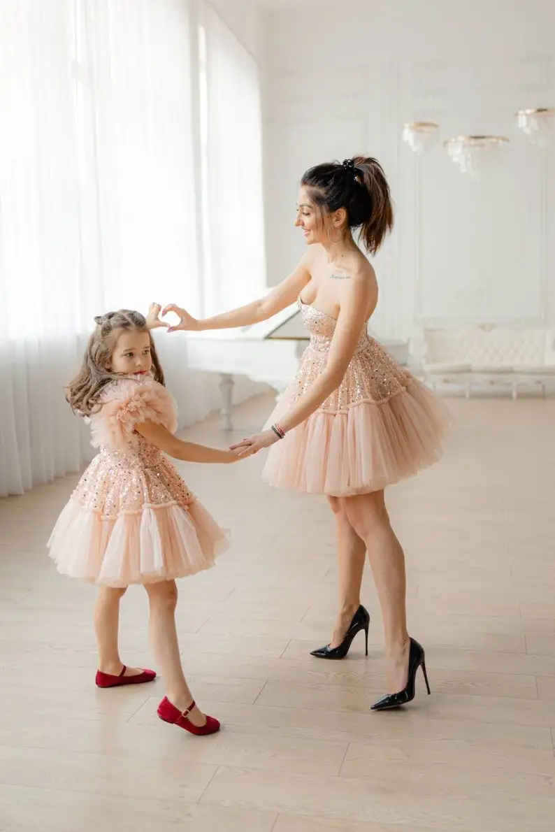 Blush Sparkly Mommy And Me Party Dress Mother Daughter Photography Matching Dress Tulle Dress Girls Tutu Princess Gown