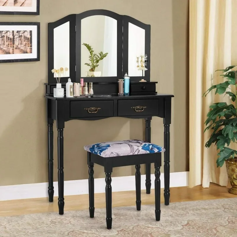 Vanity Set with Tri-Folding Mirror, Makeup Dressing Table with 4 Drawers and Storage Shelf, Cushioned Stool for Girls Women