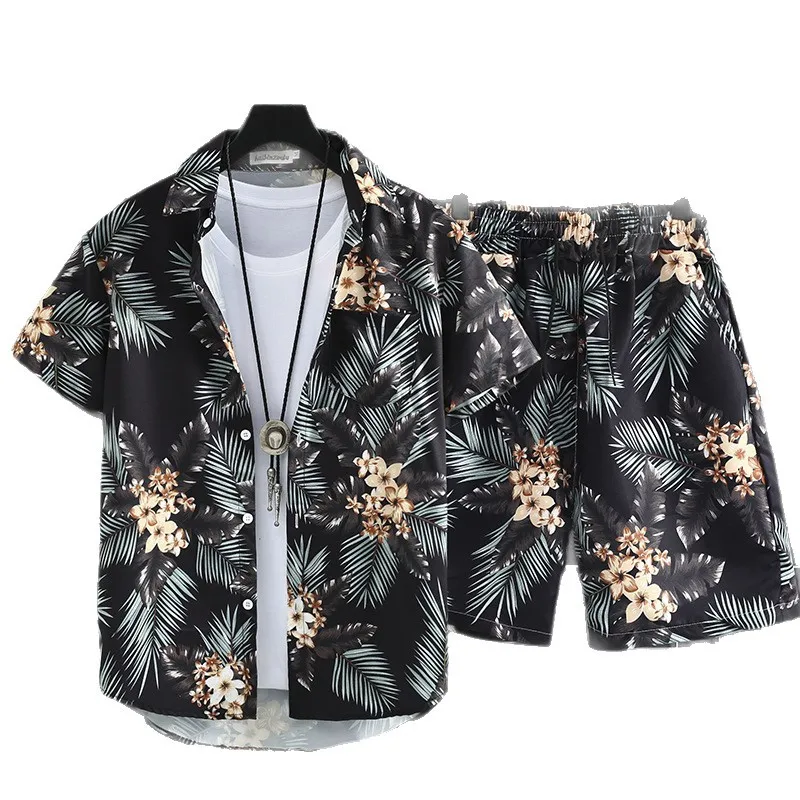 Cartoon Novelty Funny Hawaii flowers plants 3D Print shirt +Shorts Short Sleeve Flip collar shirts half pants Two Piece Set