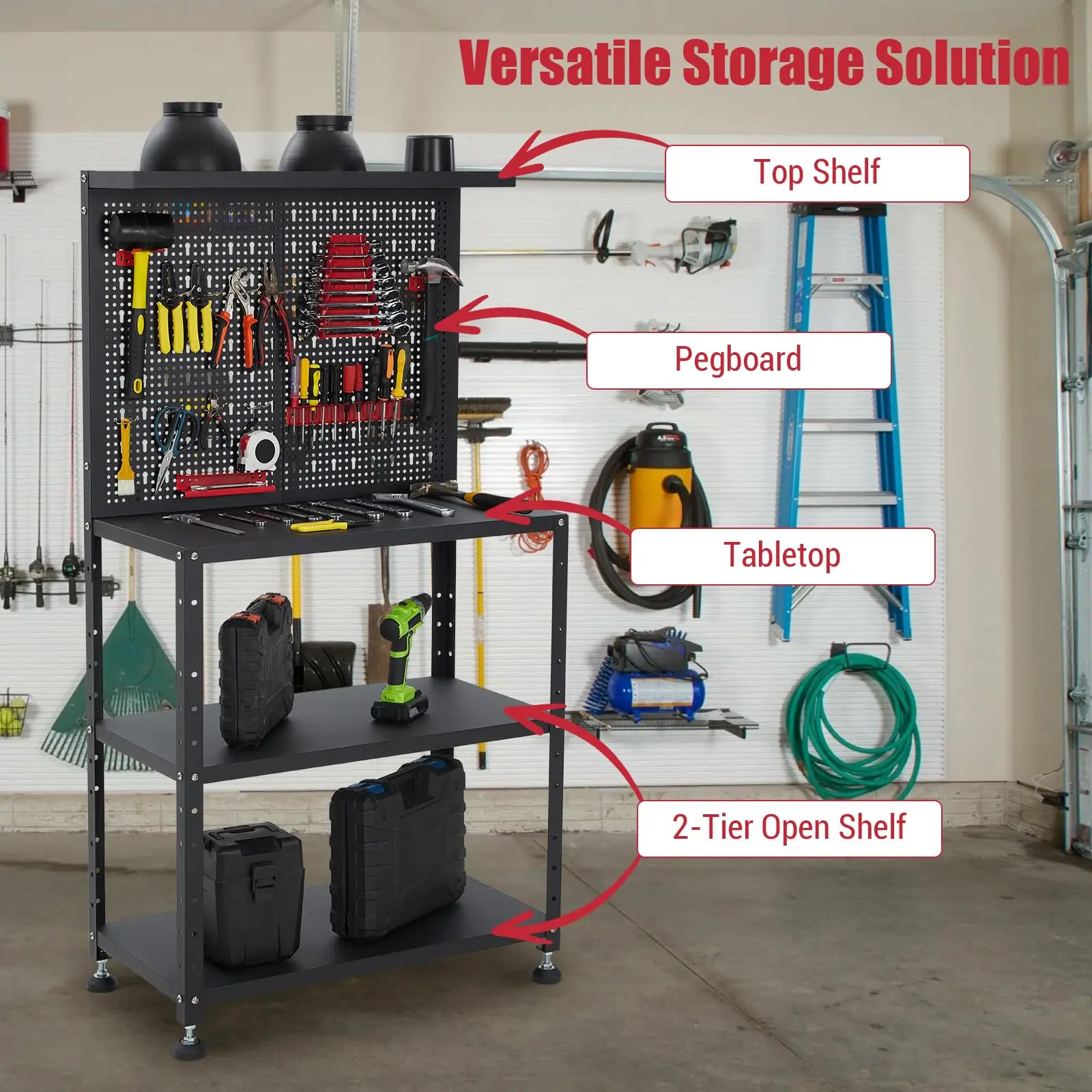 Heavy Duty Garage Workbench with Pegboard,32" Adjustable Garage Workbench with Tool Organizer,Industrial Metal Work Table with S