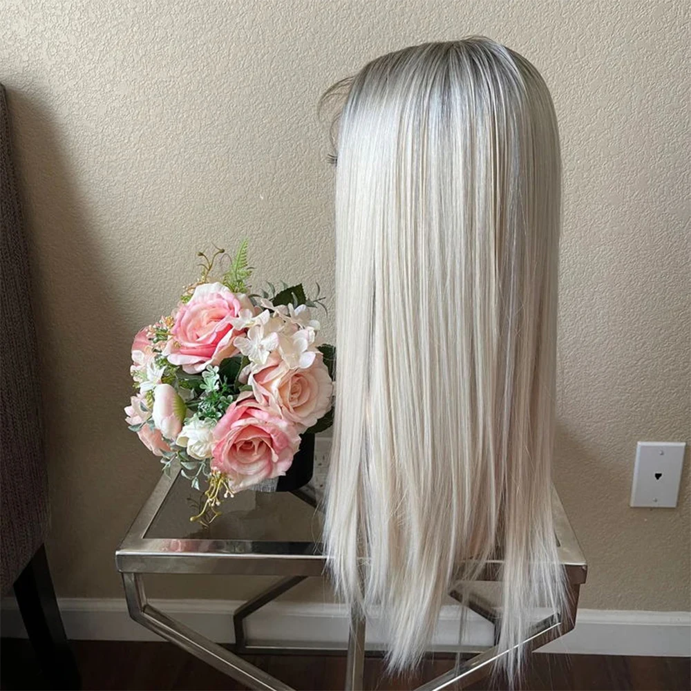 24'' Lace Front Synthetic Wig Platinum Blonde Ombre Straight Wig 10% Human Hair Lace Front Wig Heat Resistant FIber Daily Wear