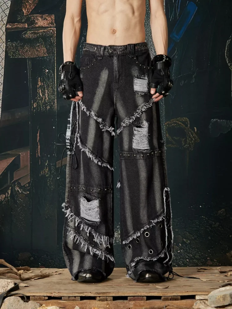 

American New Style Washing Distressed Hole Drawstring Design Rivet Loose Straight Jeans For Man Fashionable Cargo Pants