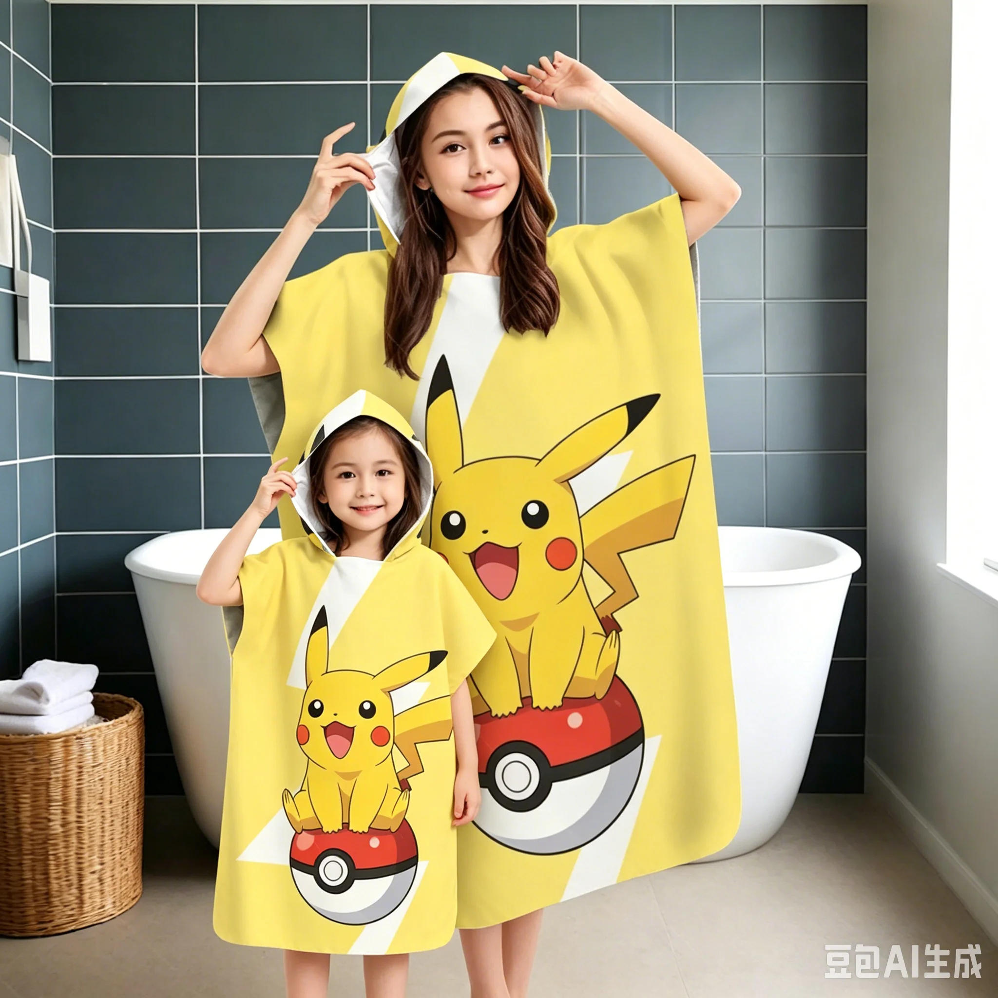 

Pokemon Pikachu Family Hooded Towel Robe, Matching Adult & Kids Bath Poncho, Beach Changing Towel