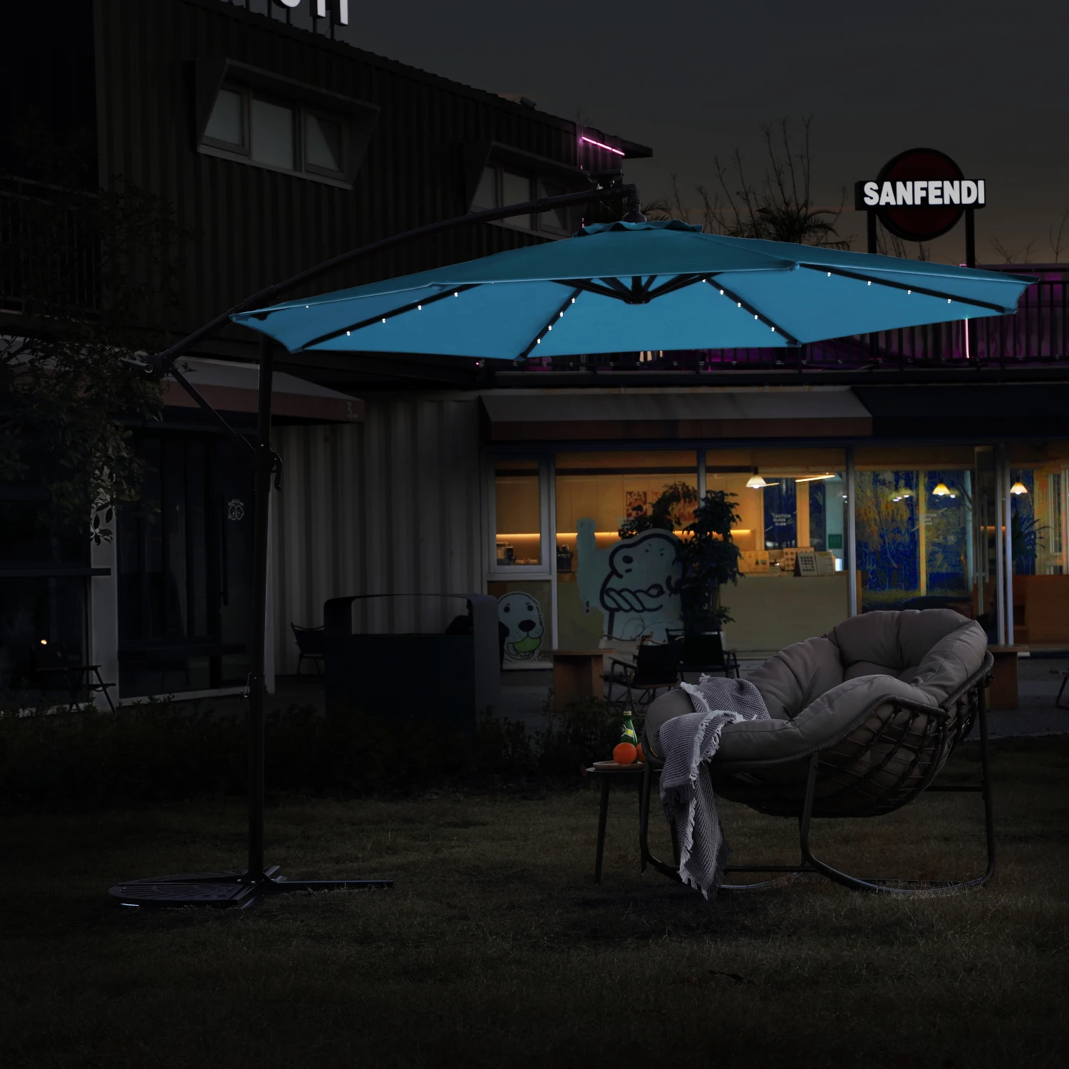 10ft Solar LED Offset Hangende Marktterrasparaplu (Lichtgroen)