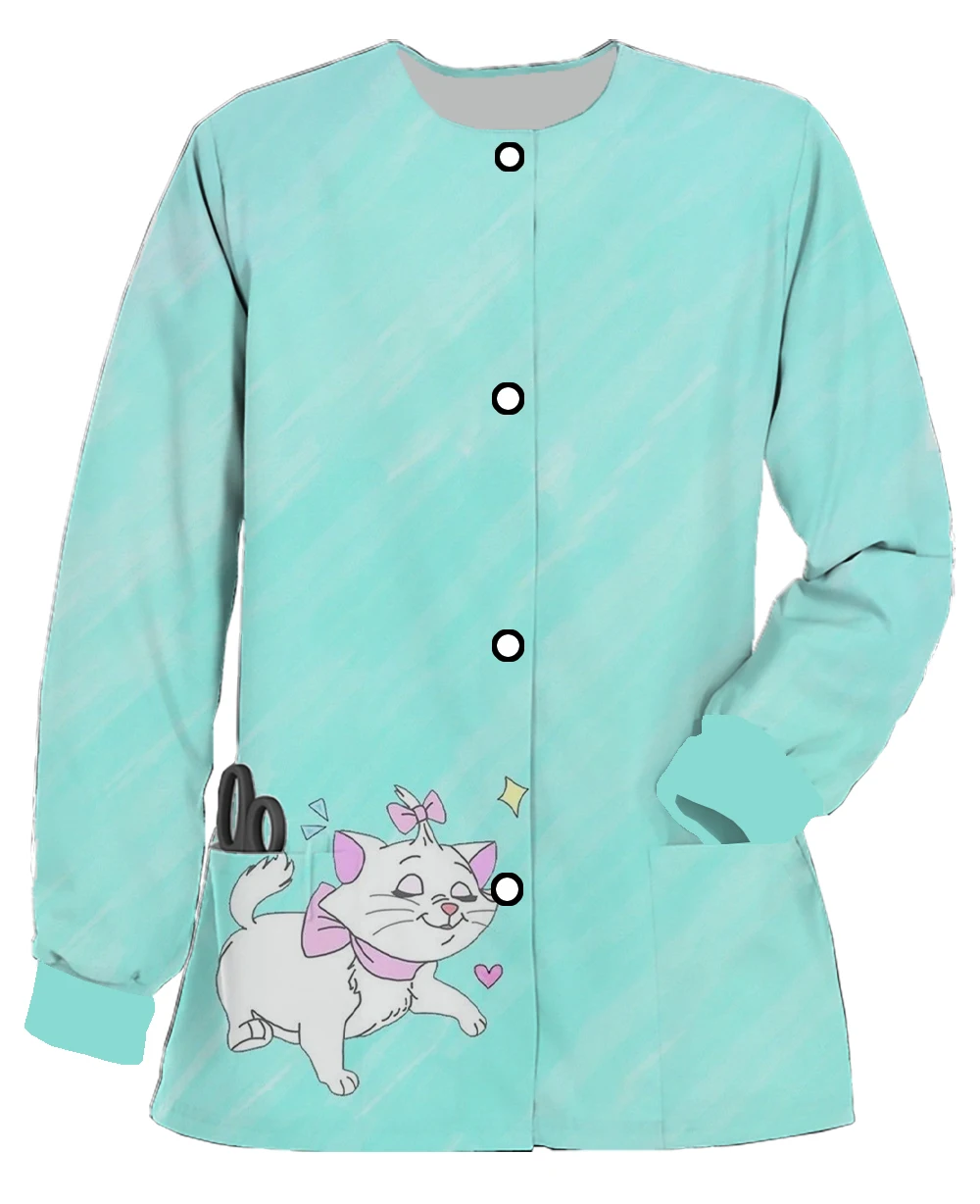 Schönheitssalon Damen Langarm-Cardigan mit Doppeltasche, lässige Arbeitskleidung, Disney Marie Cat, süße süße bedruckte Jacke