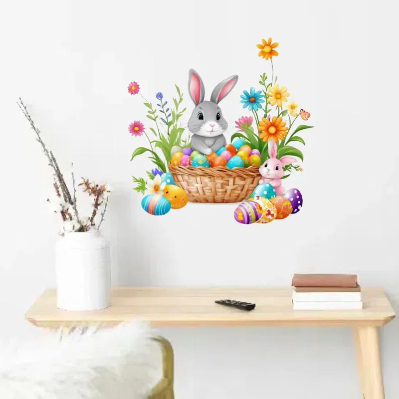 

Easter Stickers Floral Bunny & Eggs, Cute Cartoon Wall Decals for Home Decor, Removable Toilet Stickers