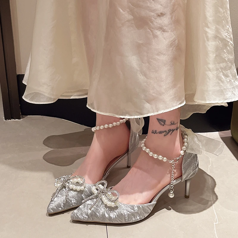 Mitzvah Crystal Wedding Shoes, Chaussures de mariée, Talons hauts, Perle argentée décorative, Sandales à talons fins, 18 ans, Nouveau, 8cm, 6cm