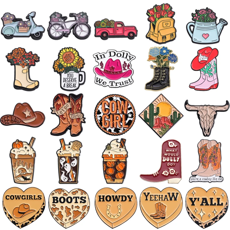 Cowgirl Hat Boots Enamel Pin Western Mexican Cactus Bull Head Lapel Badges Decor For Shirt Brooch Jewelry Gift For Women Friend image 3