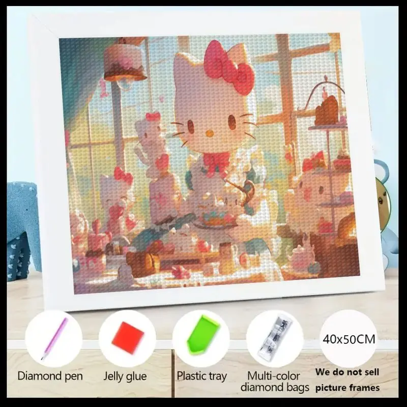

1PC Hello Kitty Diamond Painting 5D Full Drill DIY Kit, Cute Cartoon Sanrio Character Art Sweet Tea Party Dessert Scene, Crystal