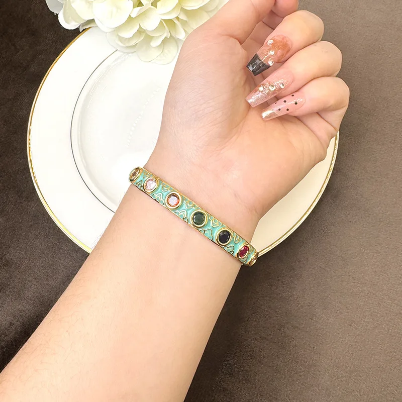 

Модный комплект из эмалированного кольца и браслета с цирконом, женское золото 24 карата AU999 — комплект эмали в стиле ретро с китайским шармом