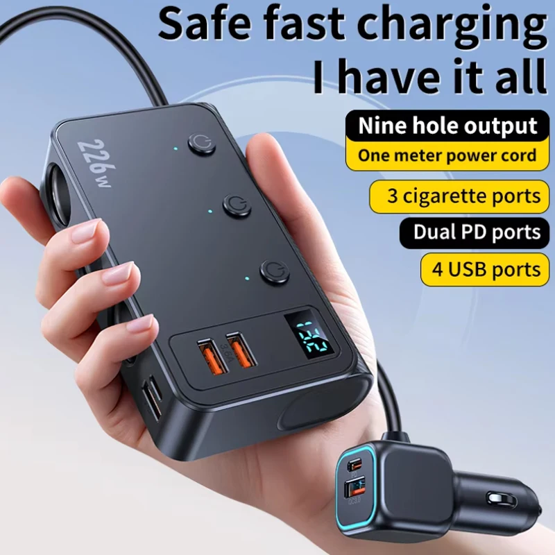 226W Car Cigarette Lighter Splitter Car Charger Adapter with QC3.0 PD30W 12V/24V Independent Switches Cigarette Outlet