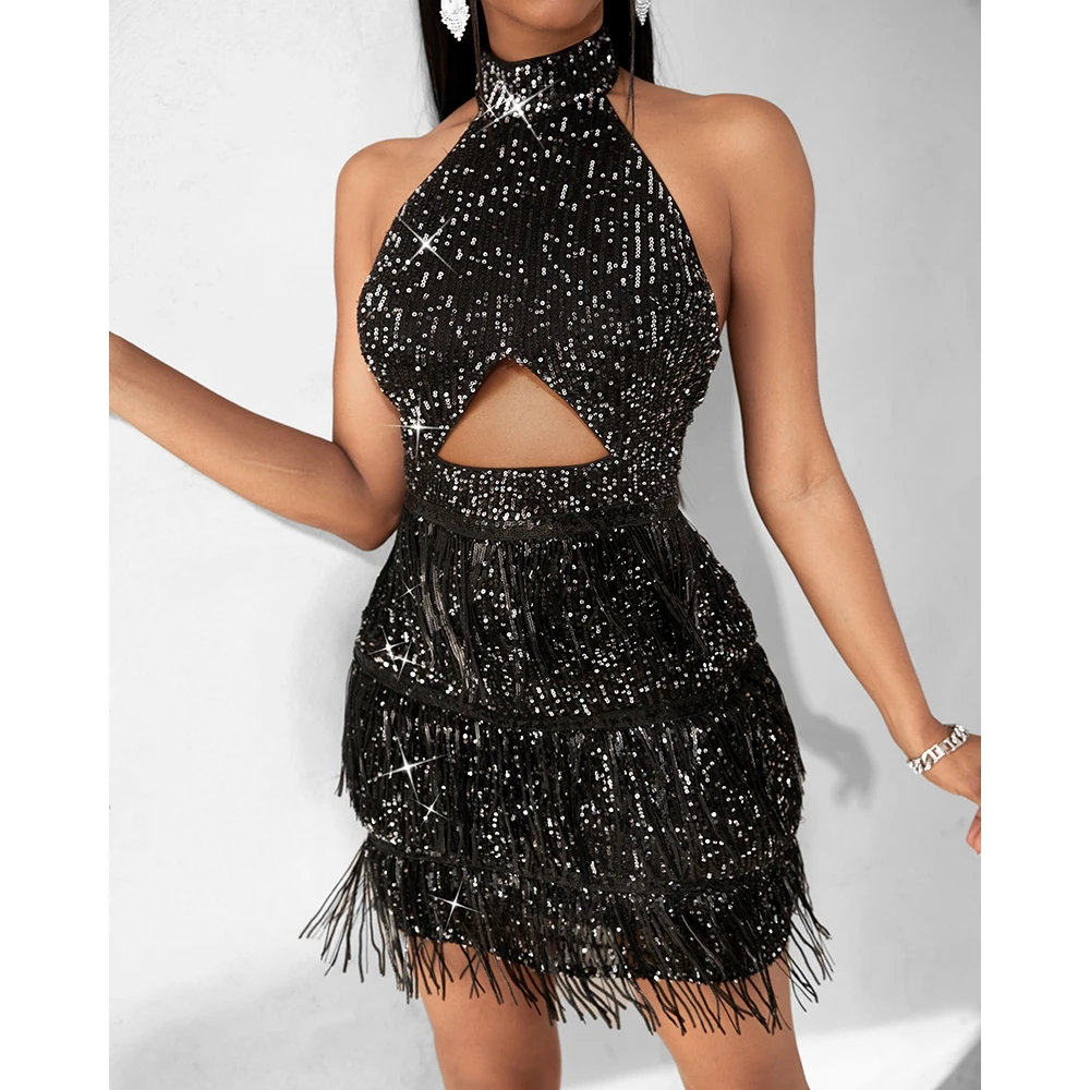 

Sexy Women Sequin Tassel Backless Halter Party Dress Female Sleeveless Cutout Bodycon Elegant Evening Black Dresses Clubwear