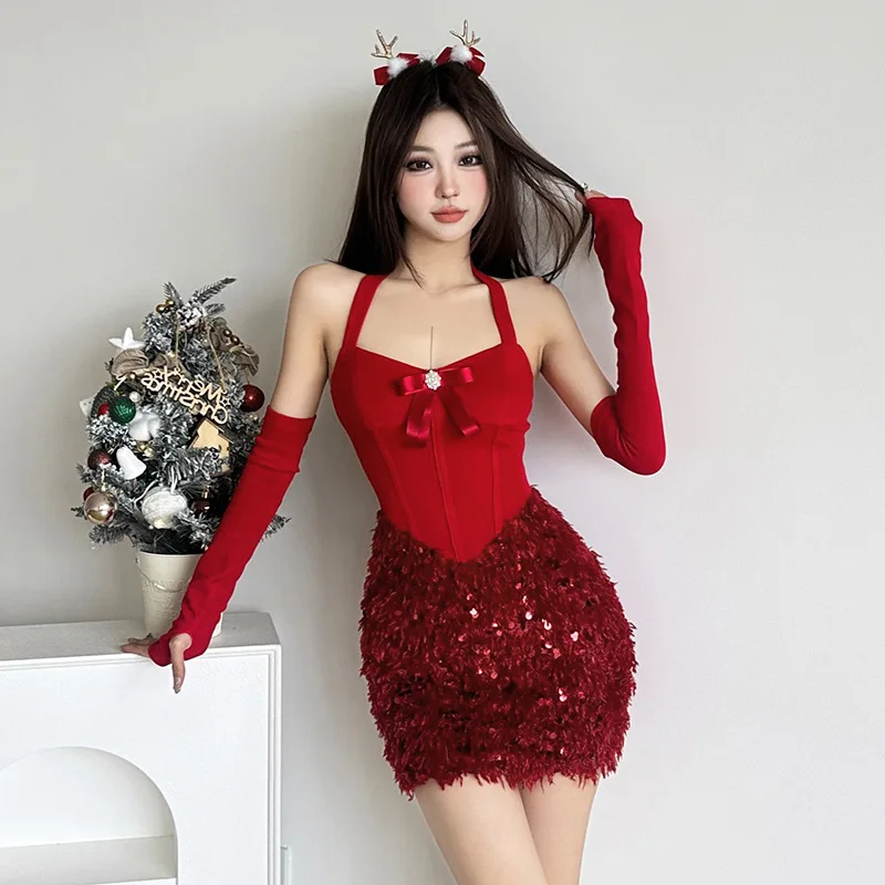 جديد حار بيع عيد الميلاد جو المرأة الأحمر Bowknot الرسن الترتر المرقعة سليم صالح Bodycon فستان قصير #4