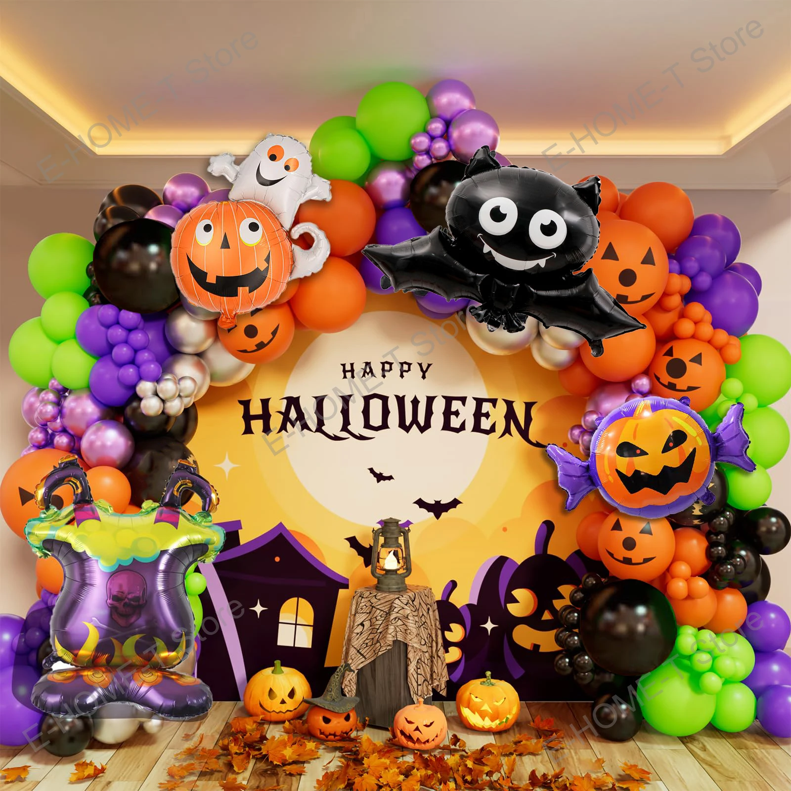 Halloween Balloon Garland Arch Kit Black Orange Green Purple Ghost Bat Stove Candy Pumpkin Halloween Birthday Party Decoration