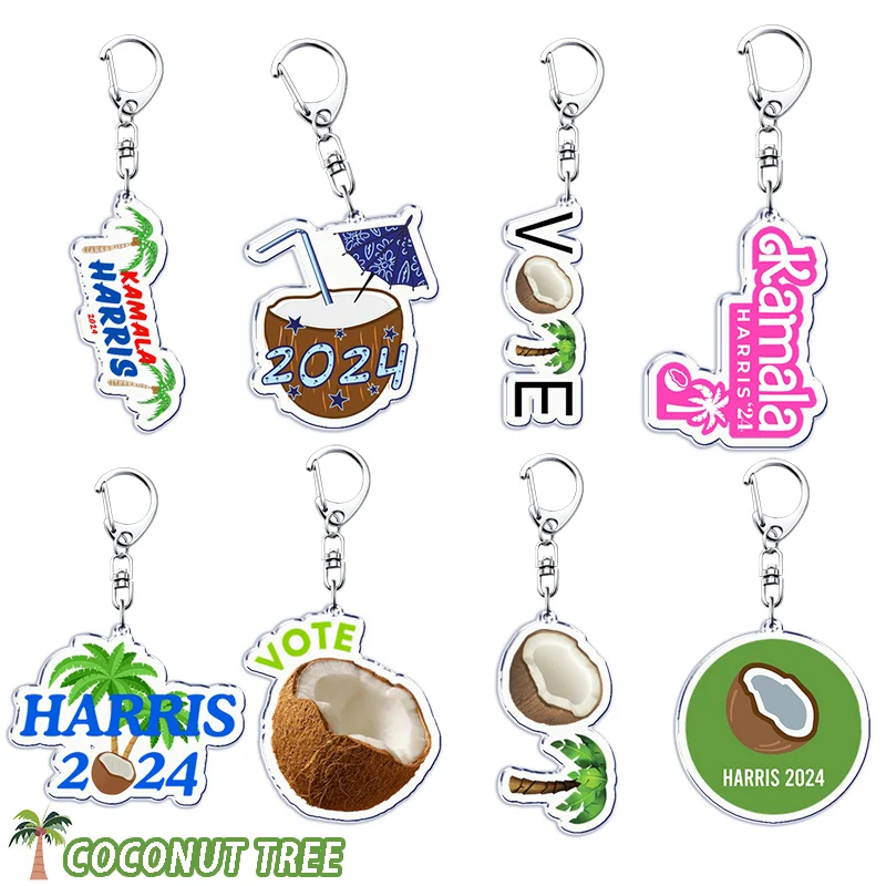 Coconut Tree Keychain for Accessories Bag Kamala Harris Pendant Key Chain Ring Boys Beach Keyring Jewelry Fans Gifts