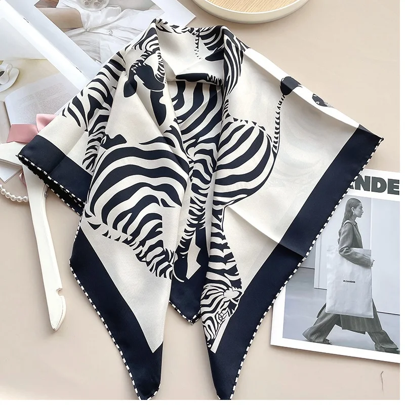 Fashion 90 Silk Scarf Black White Prints 100% Silk Neck Head Hair Scarves Wraps Neckerchief