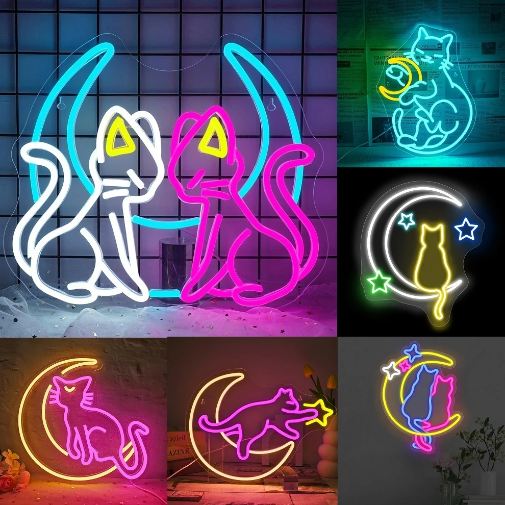 القمر القط النيون ضوء مخصص LED الحيوان الجمال الأعمال شعار ليلة مصباح ديكور غرفة نوم جدار متجر الأطفال هدية الطرف